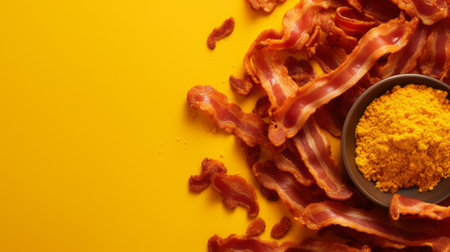 a cup sits on an orange background, surrounded by kobe bacon and turmeric. this national geographic-style photo showcases distorted bodies, with a crisp and clean look. the image, in 3840x2160 resolution, captures the delicacy of touch. the inclusion of warren buffet adds a touch of intrigue to this visually stunning composition. ai generatedの素材