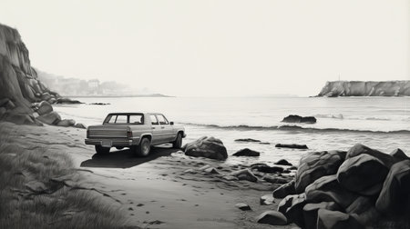 duncan nelson's 2011 black and white painting captures the essence of photorealistic landscapes, classic american cars, and mysterious seascapes. inspired by artists like jon klassen and steve hanks, this artwork showcases a stunning photorealistic rendering. shot with a hasselblad h6d-400c, it beautifully combines elements of nature and vintage automobiles. ai generatedの素材