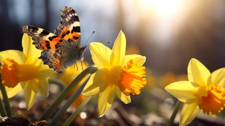 the butterfly gracefully glides above the vibrant yellow daffodils, leaving a trail of beauty amidst the autumn scenery. this captivating photo, captured with a telephoto lens, showcases the sun-soaked colors and strong contrast between light and dark. the essence of nature is beautifully portrayed through the floral motifs and the artistic touch of vignetting. ai generatedの素材