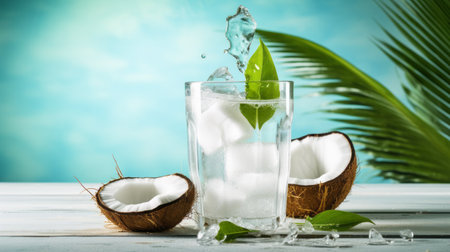 a refreshing image of a coconut in a glass, accompanied by ice and a captivating water splash. the composition showcases a light green and sky-blue color palette, reminiscent of nature-inspired imagery. this associated press photo, created by the solarizing master avocadopunk, exhibits exacting precision and traditional craftsmanship. ai generatedの素材