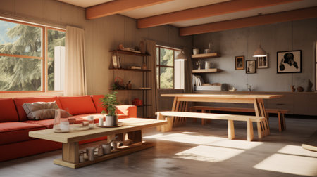a red couch stands out in an orange-colored living room, showcasing the vibrant combination of colors. the room is designed in the style of unreal engine 5, incorporating elements of rustic scenes and japanese minimalism. rendered in unreal engine, this california plein air-inspired setting creates lively tableaus with a touch of wood accents. ai generatedの素材