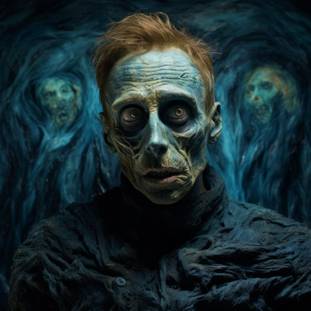 harry willett's zombie wall art captures the essence of contemporary portrait photography with an escher-inspired twist. the expressionist imagery and hyperrealistic fantasy elements create a dark and captivating atmosphere. the use of black and blue tones adds depth and intensity to the portraits, while the soft lighting enhances the overall mood. this national geographic photo showcases willett's unique artistic vision. ai generatedの素材