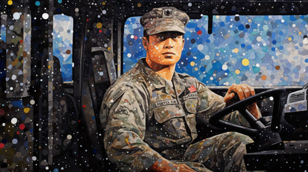 an army soldier stands in a snowy field, captured in a black frame by carina t. the artwork showcases a unique style reminiscent of pointillist dots of color, drawing inspiration from artists such as russell dongjun lu, casey childs, and jasper johns. the image is characterized by uniformly staged compositions and a character-driven narrative, reminiscent of traditional chinese painting. ai generatedの素材