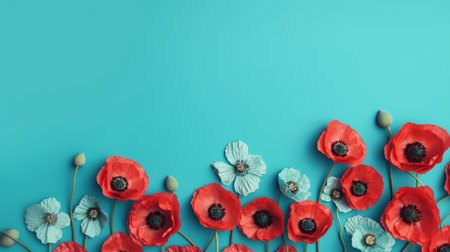 red poppy petals are delicately arranged in a line on a vibrant blue background, creating a captivating contrast of colors. this stunning composition, reminiscent of light turquoise and dark emerald, is crafted using intricate paper sculptures. the soft pastel hues and selective focus add depth and beauty to this artwork by mike campau, showcasing his talent for creating intricate floral arrangements. ai generatedの素材