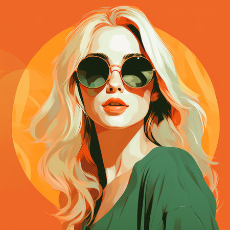a detailed character design illustration featuring a woman with blue eyes and glasses, in the fashion-illustration style of rhads. the artwork showcases a vibrant color palette of dark orange and light green, reminiscent of the 85 new wave era. created by the talented artist paul hedley, this illustration exhibits a unique solarizing master technique. ai generatedの素材