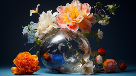 a vase filled with flowers, showcasing the meticulous and photorealistic style of the dusseldorf school of photography. the floral explosions in blue and amber create a fanciful and dreamlike imagery. the clear colors and baroque compositions add depth and beauty to this captivating photo. ai generatedの素材