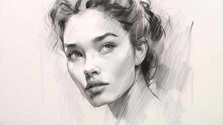 the black and white portrait of a female with curly hair showcases the artist's skill in using concise brushwork techniques. the 8k resolution captures the intricate details of the wet-on-wet blending, resulting in a soft and dreamy effect. the character studies are evident through the strong facial expression and varied brushwork techniques employed in this captivating image. ai generatedの素材