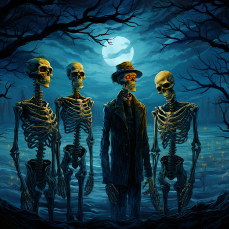 a haunting scene unfolds as a small group of skeletons emerges from the darkness, walking alongside a road that winds through a dark forest at night. the eerie atmosphere is reminiscent of traditional oil paintings, with hyper-detailed illustrations capturing the surrealistic portraiture of these skeletal figures. detailed character illustrations bring this macabre composition to life. ai generatedの素材