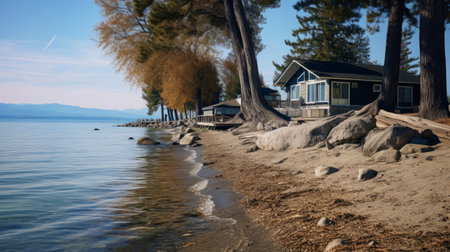 two cabins nestled on the serene shore, surrounded by lush trees. this photorealistic image captures the essence of nature with precisionist style. the 8k resolution showcases every detail, while the light indigo and amber hues add a touch of tranquility. shot with a zeiss ikon zm, this reverent scene is brought to life with hyper-realistic water. ai generatedの素材