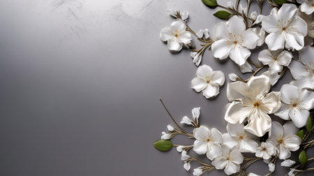 white magnolia flowers, resembling delicate sculptures, stand out against a grey background in this uhd image. the metallic texture adds a unique touch to the composition, reminiscent of cherry blossoms. symbolic elements are scattered throughout, creating a captivating and artistic display. the flowers appear as sculptural paper constructions, adding depth and intrigue to the overall image. ai generatedの素材