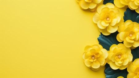 yellow-themed fresh cut flowers arranged beautifully on a matte yellow background. the vibrant colors of the flowers pop against the dark turquoise backdrop, creating a visually stunning contrast. this high-resolution image showcases intricate details and layered colors, reminiscent of paper sculptures. the minimalist background adds a touch of elegance to the overall composition. ai generatedの素材