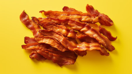 bacon strips arranged on a vibrant yellow background, capturing the essence of nyc explosion coverage. this visually striking image showcases labcore aesthetics with character-driven elements. the whistlerian influence is evident in the composition, while petcore, warmcore, and smooth surfaces add depth and texture to the overall appeal. ai generatedの素材