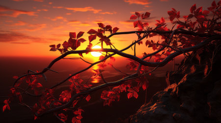 the sun sets over a rock, surrounded by twisted branches, creating a romantic atmosphere. the crimson hues of the sky are realistically rendered, adding to the beauty of the scene. the detailed foliage enhances the overall visual appeal. this stunning image, created by dima dmitriev using vray, captures the serene beauty of nature. ai generatedの素材