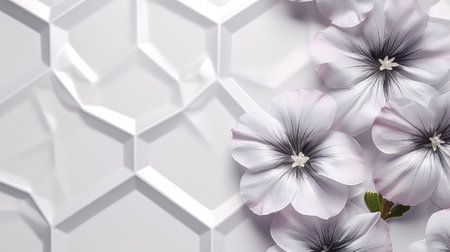 a bunch of white flowers adorns a geometric pattern in this photoshop image. the style features a combination of light purple and light gray, creating a visually pleasing wall sculpture and installation. with a resolution of 32k uhd, the meticulous design showcases intricate geometric shapes and patterns. subtle textures add depth, while the realistic detail brings the image to life. ai generatedの素材