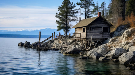 a rustic wooden cabin in lake tahoe, california, united states, captured in a post-apocalyptic backdrop style. this 32k uhd photo showcases the beauty of the cabin amidst the serene surroundings. the image was taken using an olympus mzuiko digital ed 12-40mm f2.8 pro lens, highlighting the details of the seaside scenes, floating structures, slovenian paintings, and maritime scenes. ai generatedの素材
