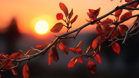 a moving camera captures a vibrant sunrise with a colorful sky. the sun rises in a style reminiscent of zbrush, showcasing detailed foliage. the image is enhanced by the use of a steinheil quinon 55mm f19 lens, creating a classic japanese simplicity. the dark amber and red hues add depth and warmth to the scene, beautifully rendered with vray. twisted branches add an intriguing elementの素材