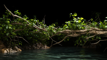 a tree branch gracefully descends into the water, captured in a maya-rendered style. the image showcases a playful interplay of light and shadow, creating a mesmerizing junglecore atmosphere. the textural surface of the branch and the natural materials surrounding it add depth and authenticity. volumetric lighting further enhances the enigmatic allure of the tropical setting. ai generatedの素材