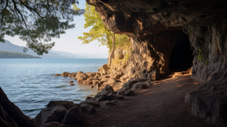 the cave trail winds its way through a stunning mountain cavern, revealing a picturesque lake nestled within. this breathtaking scene captures the essence of en plein air beach scenes, with its atmospheric light and shadow reminiscent of the hudson river school. the uhd image showcases the beauty of nature, while the reefwave adds a touch of intrigue. dating back to 500-1000 ce, this photo isの素材