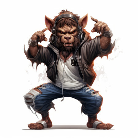 a bear character, wearing headphones, strikes a pose in this art piece inspired by the styles of artgerm, ghoulpunk, alex petruk ape. the matte photo showcases jagged edges and features grotesque caricatures and caricature-like illustrations. ai generatedの素材