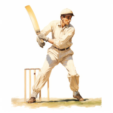 cartoon cricket player hitting the ball in the style of frank xavier leyendecker. this realistic figurative illustration by heywood hardy features light yellow and beige tones. the artwork showcases the artist's expertise in oil portraitures and traditional photographic techniques. ai generatedの素材