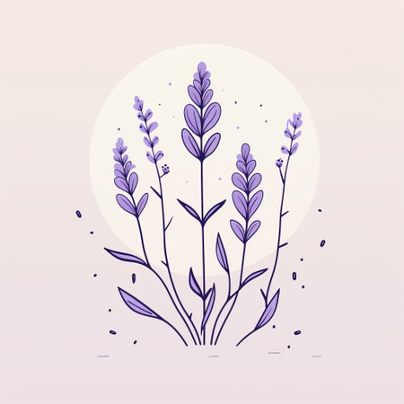 a vector illustration of lavender in watercolor design, featuring minimalist line work and layered imagery with subtle irony. inspired by the works of gustave baumann and alena aenami, this artwork showcases a blend of minimalistic surrealism. the color palette includes light beige and indigo, with intricate details of flora and fauna. ai generatedの素材