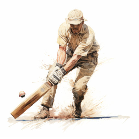 a colorful baseball player playing cricket is depicted in this hyper-detailed portrait. the artwork showcases realistic elements with dark beige and white tones, resembling watercolor illustrations. the artist's use of photorealistic wildlife art and action painter techniques adds depth to the composition. this editorial illustration incorporates impressionist techniques, resulting in a visually captivating image. ai generatedの素材