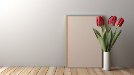 wood wall with vase of tulips on wooden floor, minimalist illustrator style. light gray and beige tones complement the artist's frame. 8k 3d image showcases industrial and product design, highlighting the use of common materials. ai generatedの素材