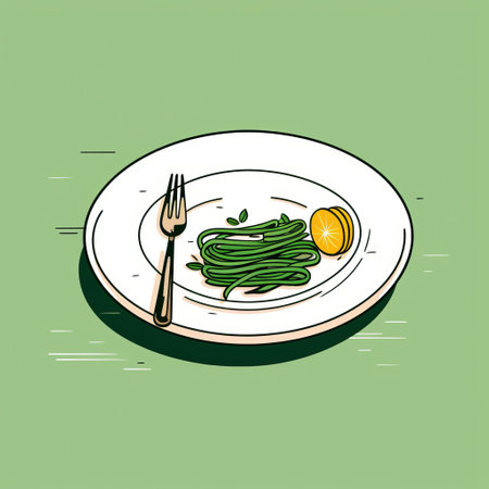 a vector illustration of a side dish featuring fried or cooked beans and pasta, accompanied by a spoon, fork, and lemon for lunch. the illustration is done in a style of dark green and light emerald, with bold neo-expressionist lines. it is an editorial illustration with high resolution and elegant lines, captured using a 35mm lens, showcasing visual simplicity. ai generatedの素材