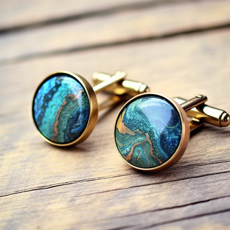 blue and cactus cufflinks, inspired by naturalistic ocean waves, are showcased in this high-quality photo. the cufflinks feature a captivating combination of dark emerald and gold, complemented by a detailed background with light brown and turquoise elements. the dark turquoise and gold accents add a touch of elegance, while the marble texture enhances the overall aesthetic. ai generatedの素材