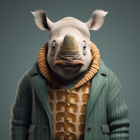 a rhino wearing a wool coat and brown jacket, captured in a photographically detailed portrait style reminiscent of artists like brian despain, tiago hoisel, and dan matutina. the image showcases the intricate character expressions of the rhino, with a color palette featuring dark teal and light orange tones. ai generatedの素材