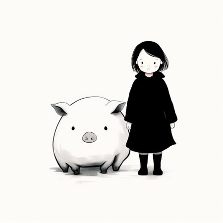 a girl walks alongside a pig in this captivating photograph by j.z. the image showcases a fusion of zen minimalism and gothic illustration, with bold, manga-inspired characters. the dark white and light black tones add depth, while the overall composition exudes a childlike simplicity. this photo embodies the essence of mori kei fashion and is reminiscent of the konica big mini style. ai generatedの素材
