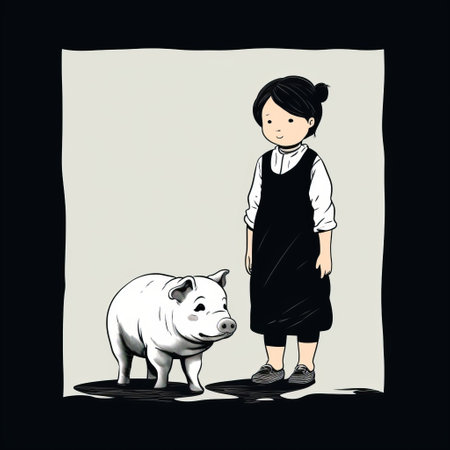an old lady stands with a pig in this expressive manga-style photo. the image features a mix of dark white and light black tones, reminiscent of vintage imagery. the composition is uniquely framed, evoking child-like innocence and resembling illustrations from a children's book. the overall effect is a uniformly staged and captivating scene. ai generatedの素材