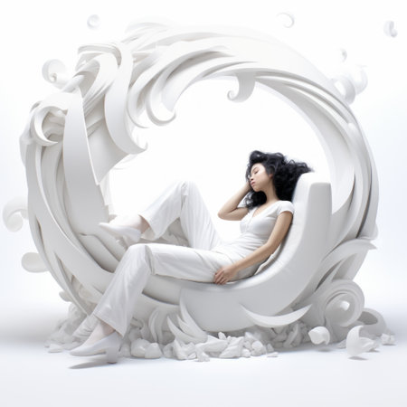 a small woman finds comfort in a large white round chair, showcasing flowing forms and three-dimensional effects. the design incorporates reefwave and primitivist elements, framed beautifully with the help of octane render. this unique piece draws inspiration from japanese aesthetics, creating a captivating visual experience. ai generatedの素材