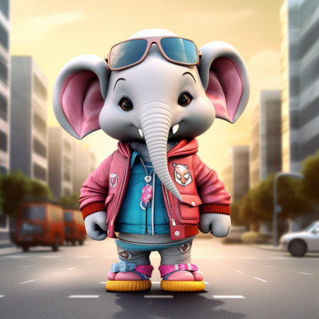 a cartoon elephant wearing sunglasses stands confidently in the city. this zbrush-style artwork showcases a blend of cartoon-like characters and photo-realistic techniques. inspired by pop kei, chicano, and kimoicore aesthetics, this charming character adds a unique and vibrant touch to the urban landscape. ai generatedの素材