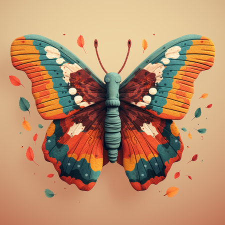 a butterfly perched on a beige background surrounded by a vibrant array of colorful butterflies. this stunning image showcases the intricate details and hyper-realistic style of the butterfly, reminiscent of woodcarvings and nature-inspired installations. rendered in cinema4d, the teal and orange hues add a painterly touch to the detailed character illustration. ai generatedの素材