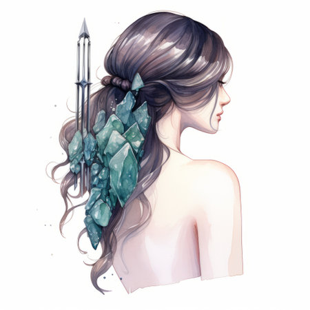 a woman adorned with arrows in her hair, showcasing a unique blend of realism and fantasy elements. this watercolor illustration captures the essence of light silver and dark emerald hues, accentuated by the use of crystals. the artwork exudes a romantic and organic realism, reminiscent of gemstone-inspired beauty. ai generatedの素材