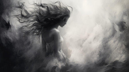 a woman standing on a cloud in a black and white picture. this realistic fantasy artwork showcases flowing brushwork and atmospheric effects. the dark palette creates a captivating contrast with the light-filled vortexes swirling around. the image beautifully captures trapped emotions, evoking a sense of mystery and intrigue. ai generatedの素材