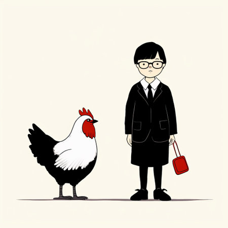 a little girl, dressed in a suit, stands next to a chicken in a minimalist japanese style. the image captures working class subjects with an illustrative feel. shot on ferrania p30 film, the photo features a simplistic cartoon-like aesthetic with a color palette of red and black. the scene evokes a sense of science academia. ai generatedの素材