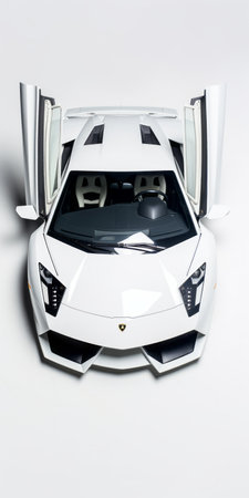 a white 2012 lamborghini berlinetta (0fcd9e2d) is captured in a monochromatic minimalist portrait style. the photograph showcases the hyperrealistic sculpture-like details of the car, with a high-angle perspective and neoclassical symmetry. the close-up shot highlights the meticulous focus stacking technique used, resulting in a visually stunning image. the overall aesthetic is reminiscent of mote kei, adding a unique touch to this automotive masterpiece. ai generatedの素材
