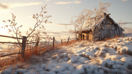 isolated cabin in a snowy landscape, rendered in 2d and 3d animation. this atmospheric shot captures the beauty of a winter scene, reminiscent of poetic pastoral paintings. created using unreal engine and daz3d, the light orange and white hues add a touch of warmth to the serene setting. a stunning screenshot that could easily be mistaken for a playstation 5 game. ai generatedの素材