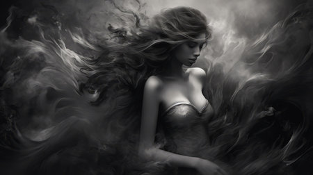 a girl with black hair floats in the air amidst waves, reminiscent of the artistic style of anna dittmann. the image features dark silver and gray tones, inspired by the works of michael page. the use of infrared and zbrush techniques adds depth to the composition. the smokey background complements the exquisite black and white engravings. ai generatedの素材