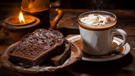 cold cups of chocolate with whipped cream, coffee, and toast are beautifully arranged on a wooden table in this medieval-inspired stock photo. the image captures the essence of absinthe culture and warmcore aesthetics, making it a perfect choice for storytelling projects. this high-quality, uhd image is available under the creative commons attribution license. ai generatedの素材