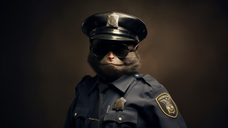 a cat wearing a police uniform and glasses, captured in the unique artistic style of alex petruk ape. this post-processed image by john wilhelm showcases detailed wildlife photography, reminiscent of the snapshots of america. the solarizing master technique adds an intriguing touch to the composition, creating a captivating visual experience. ai generatedの素材