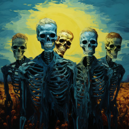 six skeletons stand in a field as the sun sets, captured in a hyper-realistic pop-art fusion style reminiscent of ethan van sciver's gothic illustrations. the dark cyan and yellow hues add an eerie atmosphere to this oil portrait, evoking the works of noah bradley and robert kirkman. ai generatedの素材