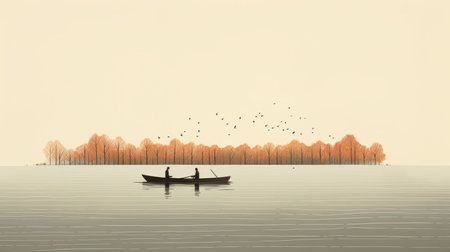 an artist painting a minimalistic landscape of two small ducks in a boat, inspired by american tonalist style. the artwork showcases linear patterns and an earthy color palette, reminiscent of editorial illustrations. the detailed hunting scene is depicted with a touch of minimalistic serenity. ai generatedの素材
