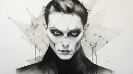 a man with a long face is depicted in this gothic futurism-inspired image. the artwork incorporates multiple lines and draws inspiration from artists such as emilia wilk and zhang jingna. the composition showcases multifaceted geometry and a monochrome painting style. the image exudes a playful yet macabre atmosphere, with the subject's androgynous appearance adding to its intriguing aesthetic. ai generatedの素材