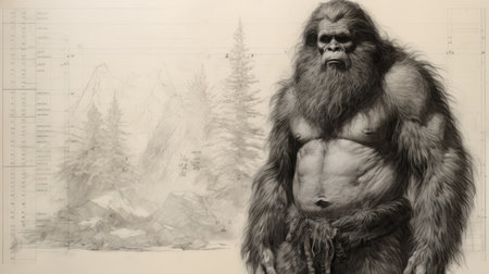 a detailed graphite sketch showcases bigfoot, drooling over snowshoes, and roaring with a newfound passion. this artwork, created using unreal engine 5, combines revived historic art forms with dynamic sketching techniques. the monumental mural captures bigfoot's fine attention to anatomy, all rendered in stunning 8k resolution. ai generatedの素材