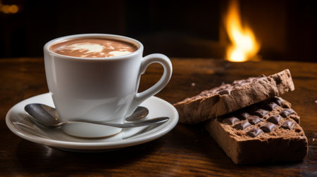 a photo of chocolate and espresso placed on a wooden table near an open fire. the composition is reminiscent of the style of zeiss batis 18mm f28 lens and the artist john william godward. the monochromatic serenity of the image is enhanced by warm tones. this captivating photo showcases varied textures and was a contest winner, inspired by the works of louis rhead. ai generatedの素材