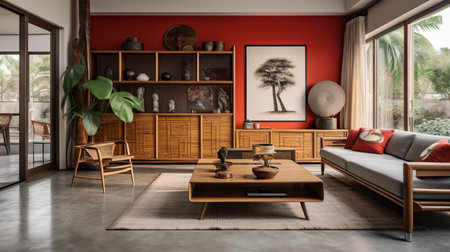 a living room featuring red walls and furniture, showcasing the influence of japonism in its design. the room is adorned with traditional vietnamese handcrafted objects, incorporating subtle earthy tones and an african influence. captured with the sigma 85mm f/1.4 dg hsm art lens, the room exudes a unique blend of cultural elements and natural wood accents. ai generatedの素材