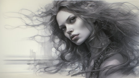 a stunning 3d rendering showcases a captivating girl with black and gray hair. this artwork resembles intricate pen and ink work, with an ethereal and ghostly quality. painted in oil on panel, the piece features urban edge and emphasizes emotion over realism. the blink-and-you-miss-it detail and multi-layered figures add depth to this mesmerizing creation. ai generatedの素材